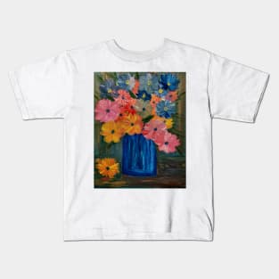 A beautiful bouquet of mixed flowers in a glass and gold vase Kids T-Shirt